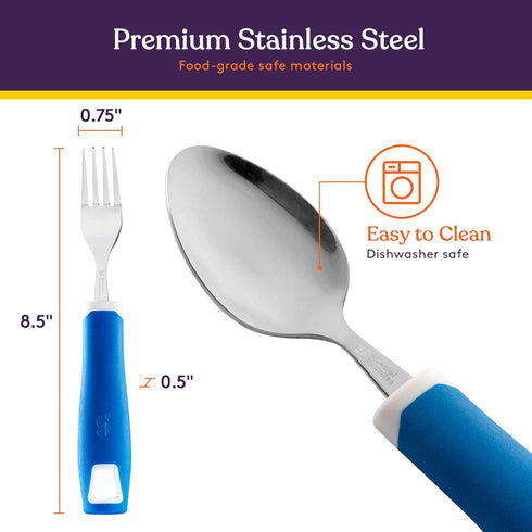 Special Supplies Adaptive Utensils 5-Piece Set Non-Weighted, Non-Slip Handles for Hand Tremors, Arthritis, Parkinson’s or Elderly Use - Stainless Steel Knife, Rocker Knife, Fork, Spoons - Blue