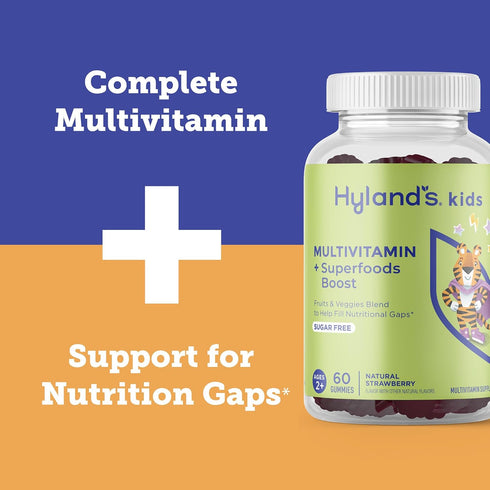 Gummies 60ct Hyland's Kids Multivitamin + Superfoods Boost, Sugar Free Natural Strawberry Flavored with Fruits