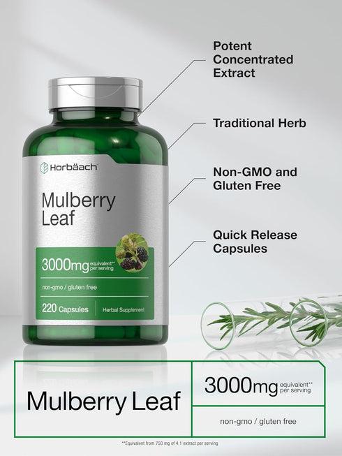 Horbaach 3000mg Mulberry Leaf Extract Capsules, 220 Count, Non-GMO Gluten Free Herbal Supplement