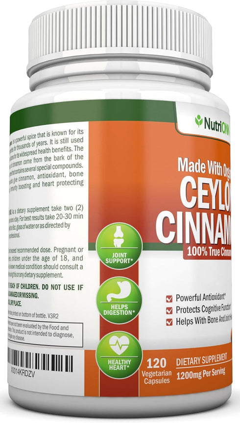 Organic Ceylon Cinnamon, 1200mg, 120 Capsules, True Cinnamon for Immune & Heart Health