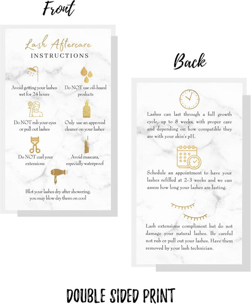 Lash Extension Aftercare Instructions Cards | 50 Pack | Double Sided 3.5 x 2" | Marble Look with Gold Icons Design