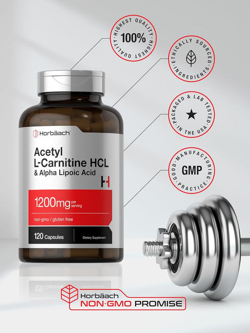 Horbaach Acetyl L Carnitine HCL & Alpha Lipoic Acid 1200mg - 120 Capsules, ALC ALA Complex, Non-GMO & Gluten Free
