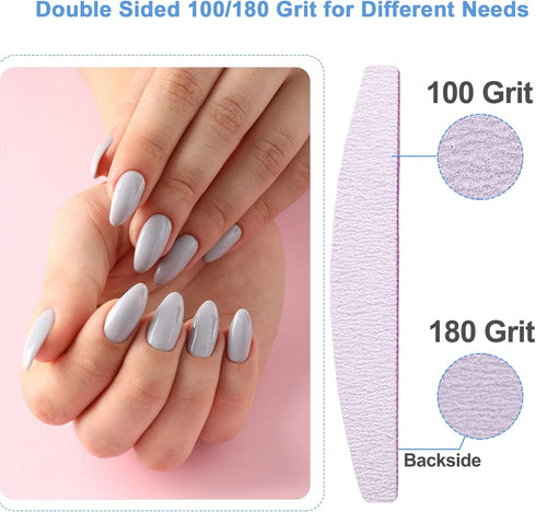 Nail Files (50 Pcs), 100/180 Grit Nail File Emery Board Bulk for Acrylic Nails and Natural Nails, Limas para Unas Acrilicas Profesional Pack Filers for Gel Nail Double Sided Manicure Curved Gray