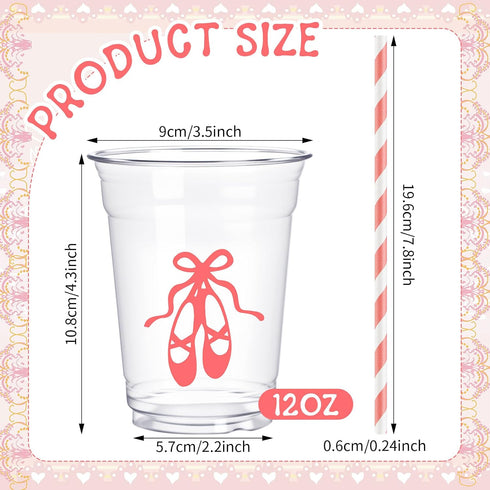 Jingmore 50 Sets Ballerina Disposable Cups with Lids and Straws Plastic Ballet Party Cold Beverage Drinking Cups