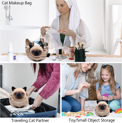 Drawstring Makeup Bag, Cat Makeup Bag, Travel Organizer, Cosmetic Pouch for Women, Lay Flat Gifts for Cat Lovers