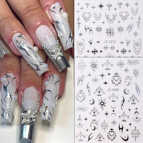 Laser Silver Nail Art Sticker Decal, Sun Moon Butterfly Design, 3D Self-Adhesive Nail Art Supplies, 6 Sheets