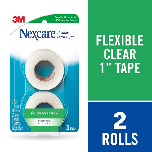 Nexcare Flexible Clear Tape, Waterproof Transparent Medical Tape, 1 In x 10 Yds, 2 Rolls of Tape, Secures Dressings and