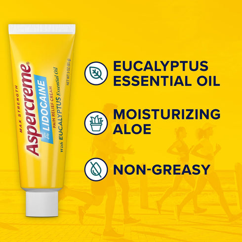 Aspercreme Essential Oils Pain Relief Cream, Max-Strength Lidocaine Numbs Nerve Pain, Moisturizing Aloe, Eucalyptus, 3