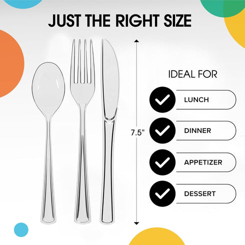 150 Pack Heavy Duty Clear Plastic Cutlery Set, 50 Forks, 50 Spoons, 50 Knives for Party Supplies