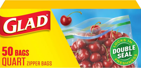 Glad Zipper Food Storage Plastic Bags | Quart - 50 Count (Packaging May Vary)