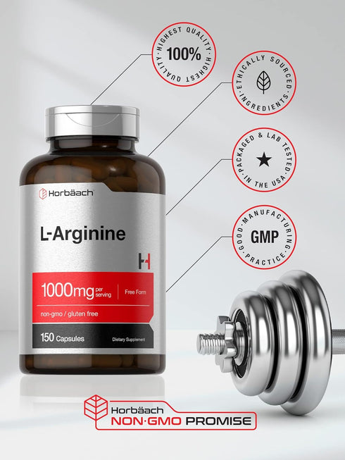 Horbaach L Arginine 1000mg Capsules | 150 Powder Pills | Non-GMO & Gluten Free Supplement