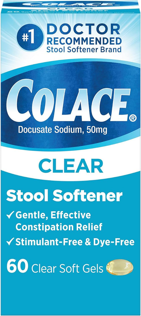 Colace Clear Stool Softener - Soft Gel Capsules for Constipation Relief, 50mg Docusate Sodium, Doctor Recommended, 60ct