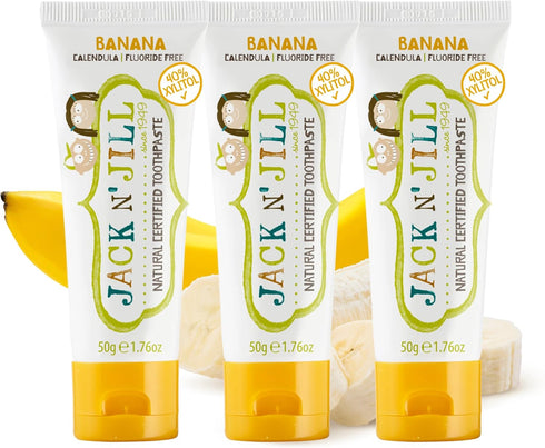 Jack N' Jill Natural Toddler Toothpaste, Fluoride Free, 40% Xylitol, BPA Free, Banana, 1.76 oz (Pack of 3)