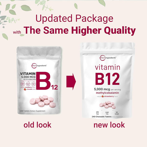 Micro Ingredients Vitamin B12 | Methyl B12 Active Form – 240 Chewable Tablets | Fast Dissolve, Natural Strawberry