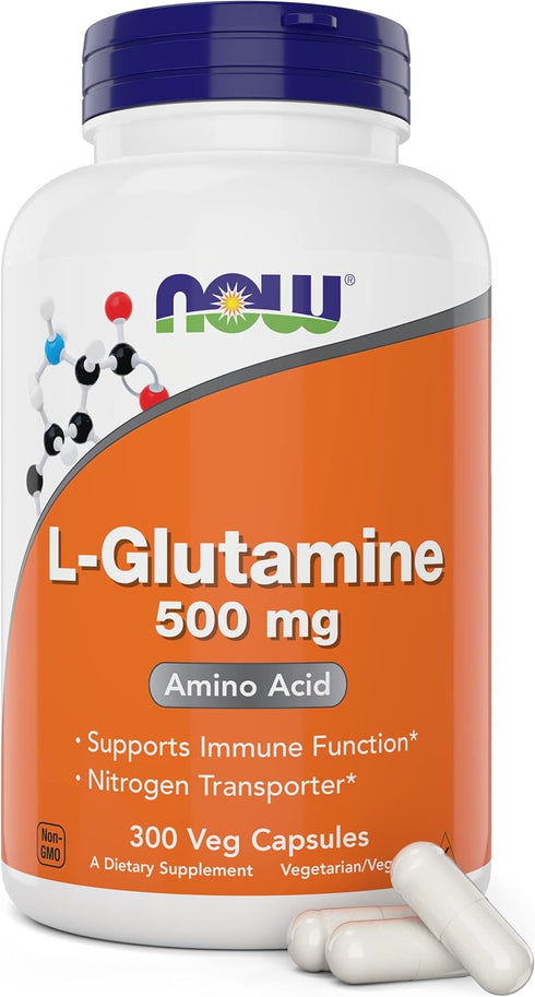 Now L-Glutamine 500mg, 300 Veg Capsules, Non-GMO Supplement, Vegan L-Glutamine Caps