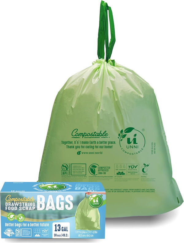 UNNI Compostable 13 Gallon Tall Kitchen Drawstring Trash Bags, 30 Count, Heavy Duty, Food Waste Bags, Certified