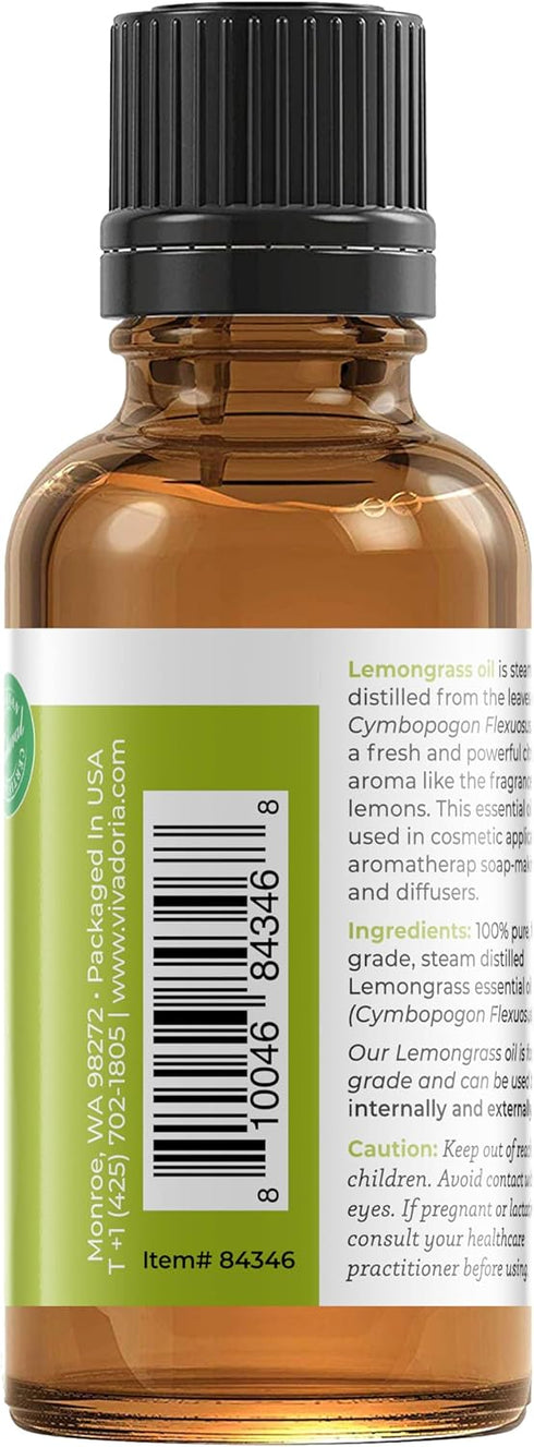 Viva Doria 100% Pure Lemongrass Essential Oil, Undiluted, Food Grade, 30 mL (1 Fl Oz)