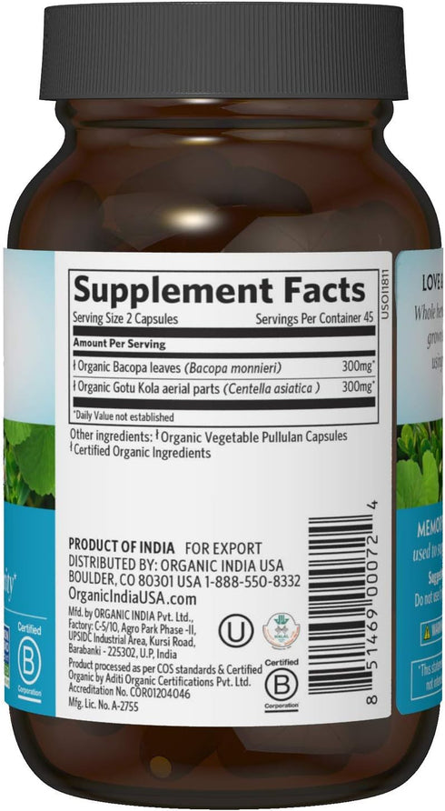 ORGANIC INDIA Memory Herbal Supplement - Brain Support with Bacopa Monnieri & Gotu Kola, 90 Capsules