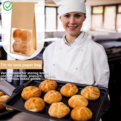 SixWeKit 50 Pack 11" 5.1" 3.9" Packaging Kraft Paper Bread Bags with Clear Window, x x Bakery Bags Tin Tie Tab Lock