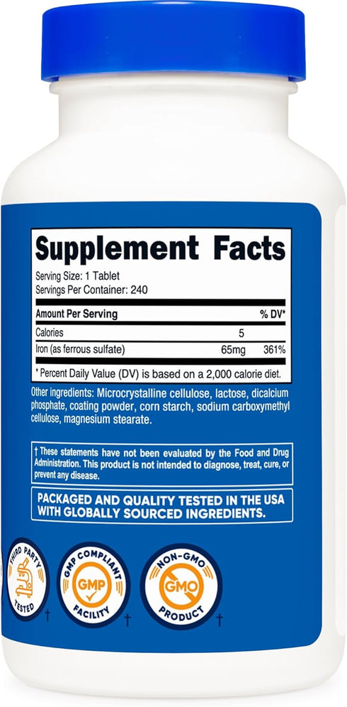 Nutricost Iron (As Ferrous Sulfate) 65mg | 240 Tablets - Non-GMO, Gluten Free