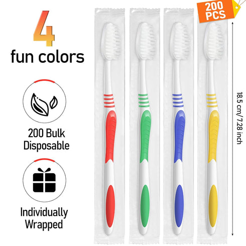 200 Packs Bulk Toothbrushes Individually Wrapped Manual Disposable Travel Toothbrush Set for Adults or Kids Made with a Medium Soft Large Brush Head Multiple Colors