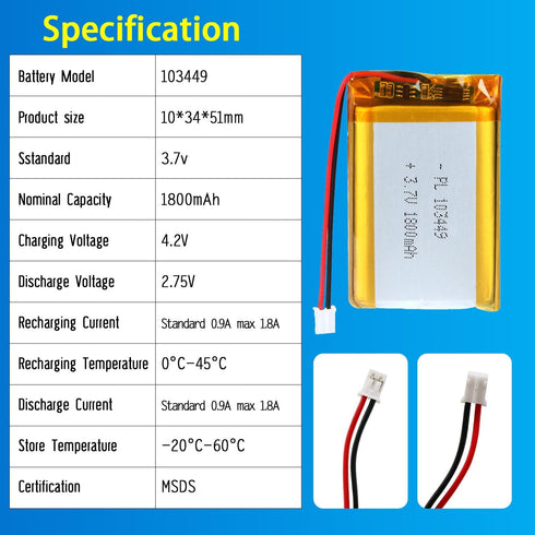 103449 3.7V Lipo Battery, 1800mAh Rechargeable Lithium Polymer Battery Pack with JST PH2.0mm Connector