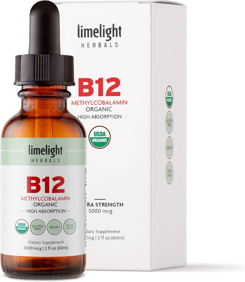 Organic Vitamin B12 Sublingual Drops - 2 Fl. Oz. Extra Strength 5000 mcg Methylcobalamin, Vegan Liquid B12