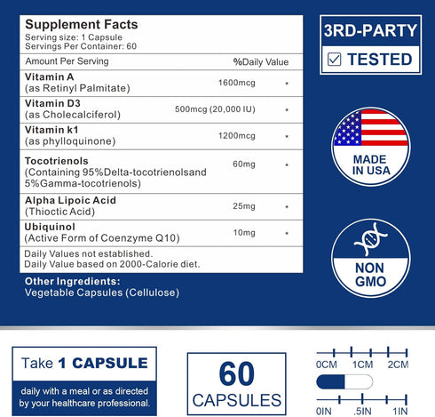 ADK Vitamin Supplement 20000 IU - High Potency Vitamins A, D3 and K1 for Heart, Bone Health and Immune Support Vitamin ADK 60 Capsules