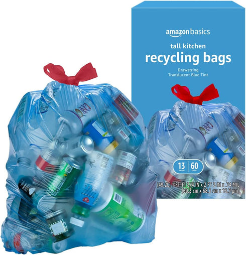 Amazon Basics Blue Unscented Recycling Trash Bags, 13 Gallon, 60 Count, Pack of 1