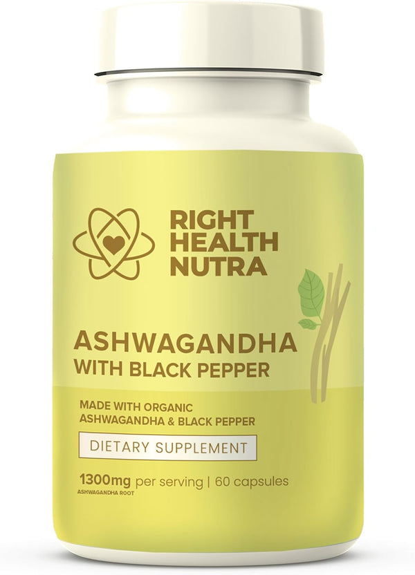 Ashwagandha Capsules - 1300mg Per Serving, 60 Count, with Black Pepper for Maximum Absorption