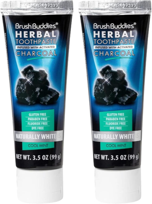 Brush Buddies Herbal Toothpaste with Activated Charcoal, 3.5 oz, Whitening, Fluoride Free, Pack of 2 + MB Sticker