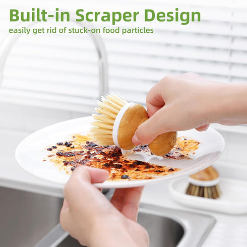 Set Set 2 SUBEKYU Dish Brush, Bamboo Dish Scrubber Brush with Tray, Natural Kitchen Dishwashing Scrub Brush