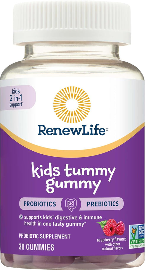 Renew Life Kids Raspberry Prebiotic and Probiotic Gummies, 30 Count - Daily Digestive and Immune Health Supplement