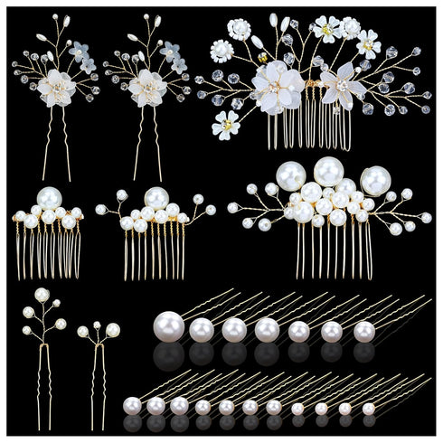 inSowni 26 Pack Gold Flower Pearl Wedding Bridal Hair Side Combs + U Shaped Hair Pins Clips for Women, Girls