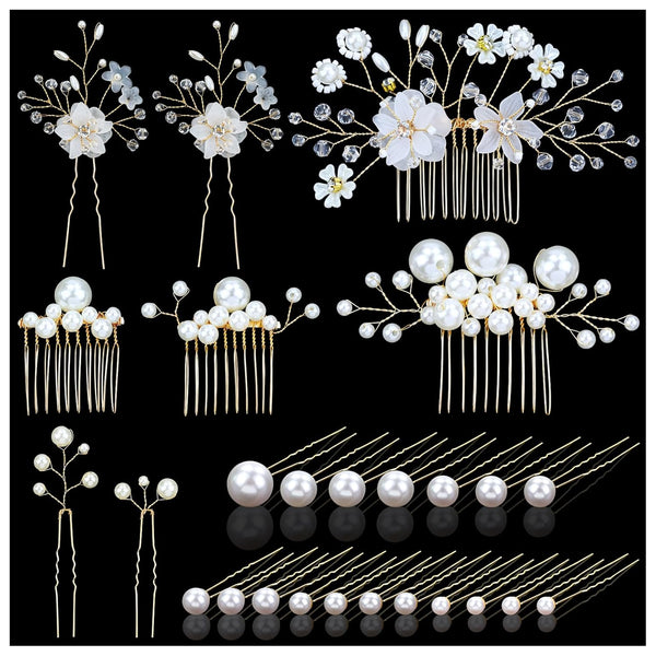 inSowni 26 Pack Gold Flower Pearl Wedding Bridal Hair Side Combs + U Shaped Hair Pins Clips for Women, Girls