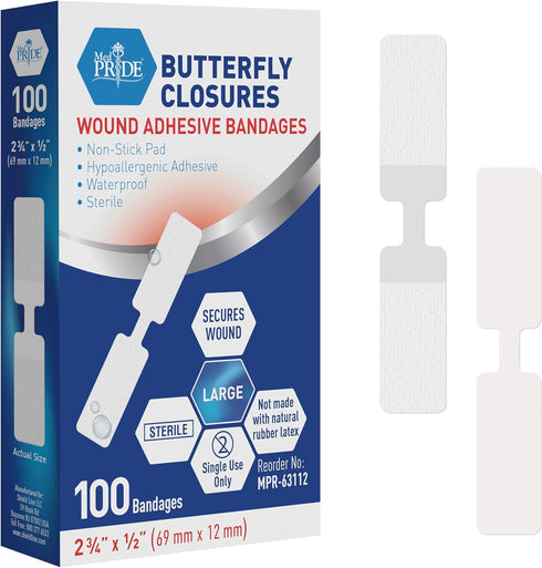 MED PRIDE Butterfly Tape Closures Bandages – Sterile Hypoallergenic Adhesive Non-Stick Pad, Pack of 100 Assorted Sizes