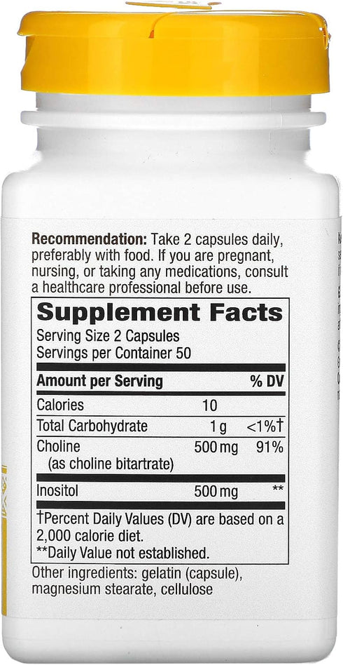 Nature's Way Choline & Inositol, 500 mg Choline & 500 mg Inositol, 100 Capsules, Supports Brain Health & Cellular