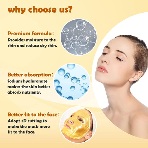 Permotary 6 PCS 24k Gold Crystal Gel Collagen Facial Masks for Deep Moisturizing Skin Care