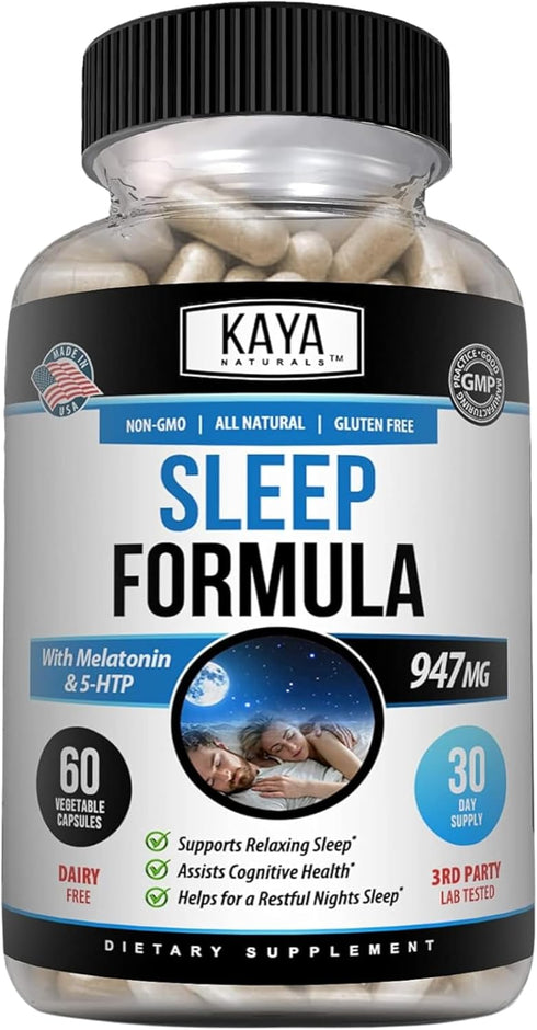 Kaya Naturals Sleep Support Formula with Melatonin - 60 Capsules - Aid Support Vitamin Supplement for Sleep, Stress,