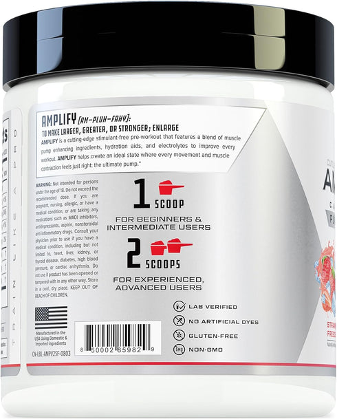 Cutler Nutrition Amplify Caffeine Free Pre Workout - Stimulant Free Muscle Pump Enhancer with Nitrates (Strawberry