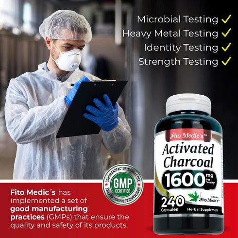 FITO MEDIC'S Lab Activated Charcoal Pills, 1600 mg per Serving, 240 Caps for Ultra High Absorption