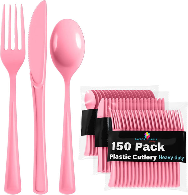 150 Pack Pink Plastic Cutlery Set, Heavy Duty Disposable Utensils for Party Supplies
