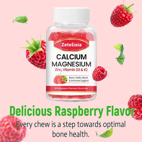 Sugar Free Calcium Gummies for Women Men, Raspberry Flavor, Calcium Magnesium Zinc with Vitamin D3 & K2 - 120 Count