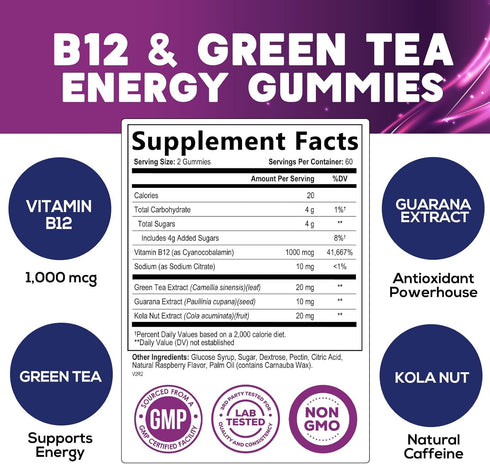 Energy Gummies Vitamin B12, Green Tea & Natural Caffeine Support, Extra Strength 1000 mcg Daily Energy Vitamins, Delicious Berry Flavor Gummy Chewable Supplement for Runners Women & Men - 120 Count