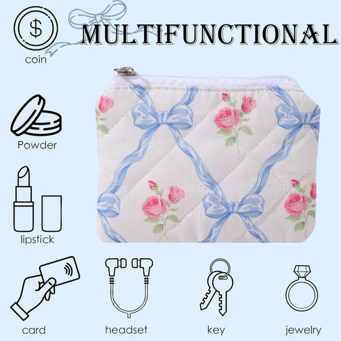 LYDZTION 2Pcs Cute Makeup Bag, Quilted Bow Makeup Bag for Women, Coquette Cotton Storage Bag for Lipstick Brushes