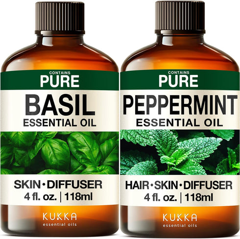 Basil Essential Oil for Diffusers & Peppermint Oil for Hair Set -