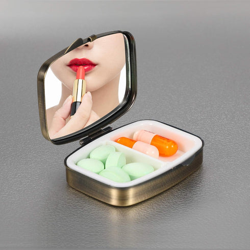 Dynippy Pill Case with Mirror, Retro Pocket 2 Compartment Medicine Case for Travel and Purse