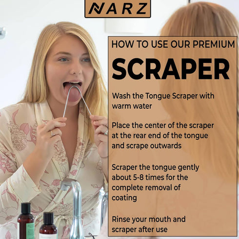 NARZ Professional Tongue Scraper for Bad Breath, Reusable Stainless Steel Cleaners with Dual Carved Handle for Adults &