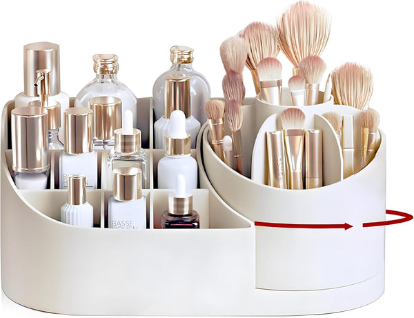 Makeup Organizer Countertop with Rotating Brush Holder, Multifunctional Storage for Vanity, Bathroom, Dresser