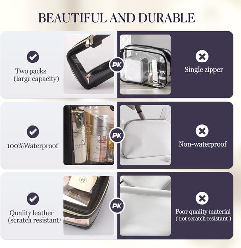 Travel Clear Makeup Bag Set with Makeup Brush Bag, Portable Cosmetic Bag for Women, Clear Toiletry Bag with Zipper, Leather Makeup Case Transparent Cosmetic Organizer Storage Bag (Black)